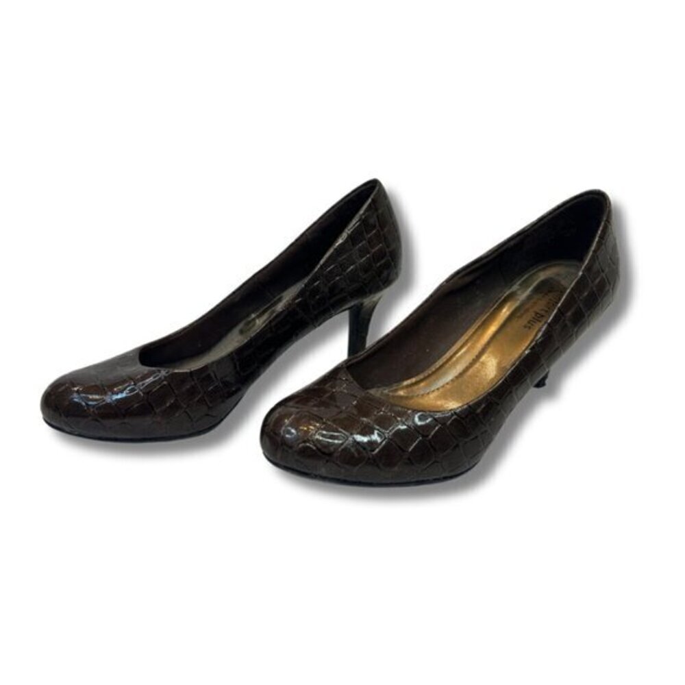 Ros Hommerson Womens Shoes Heels Sz 6.5 N Brown Patent Leather Reptile Alligator